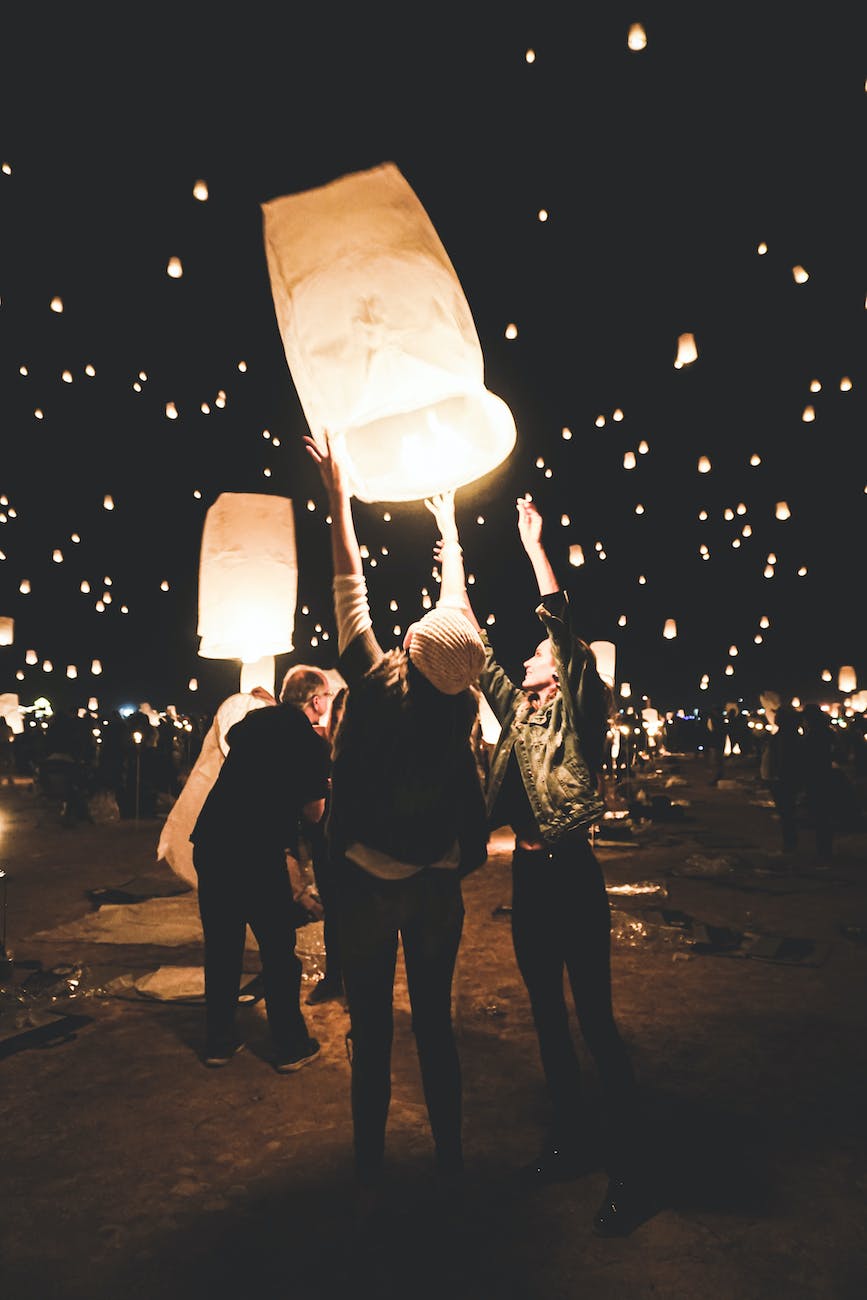 people releasing paper lanterns during lantern festival